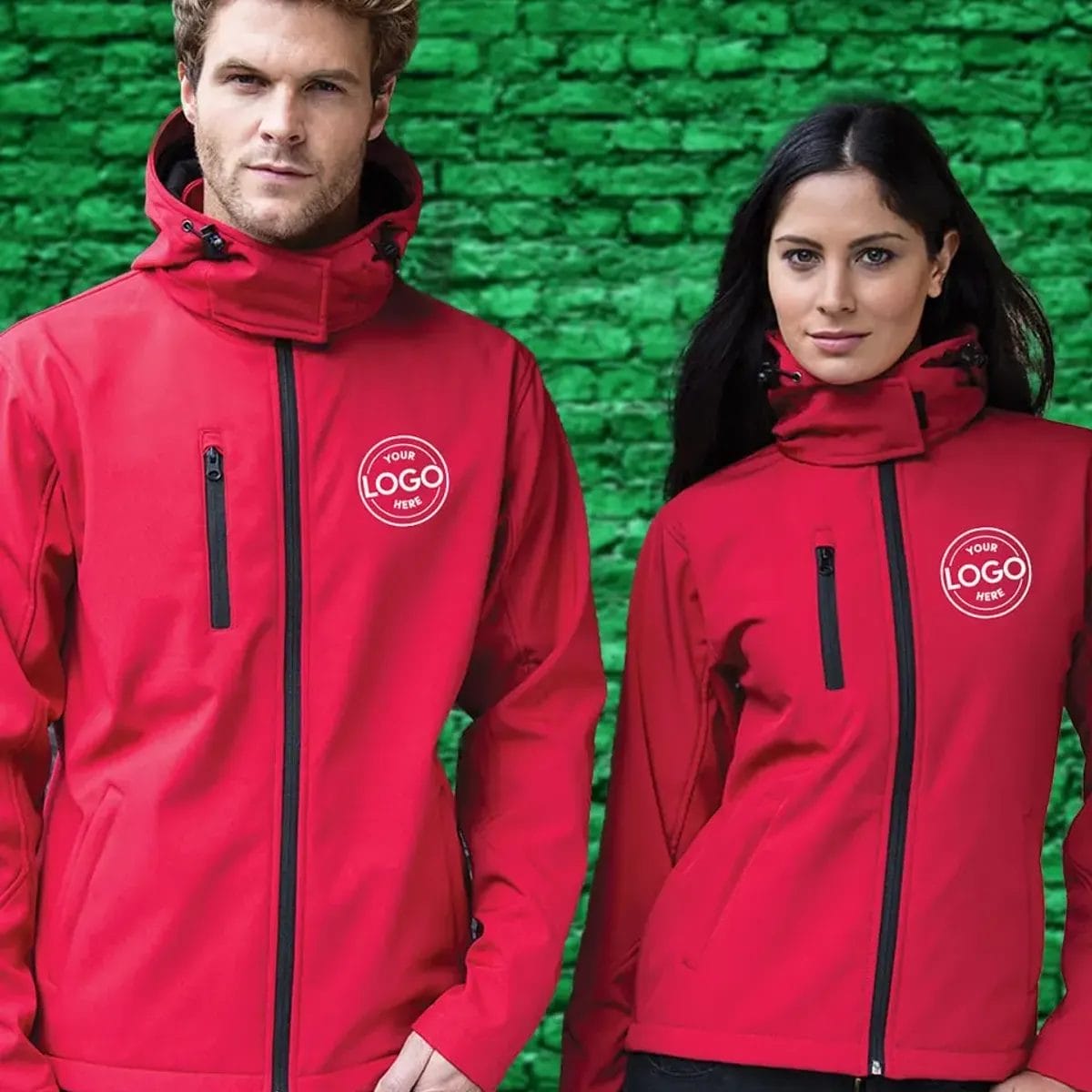 Two people wearing red jackets