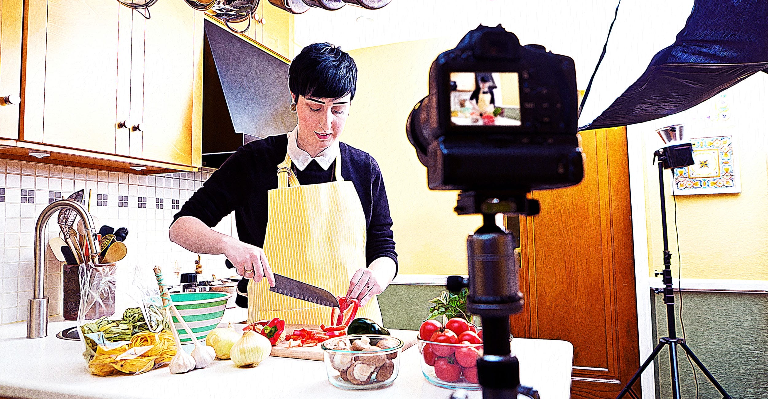 A woman recording her cooking video.